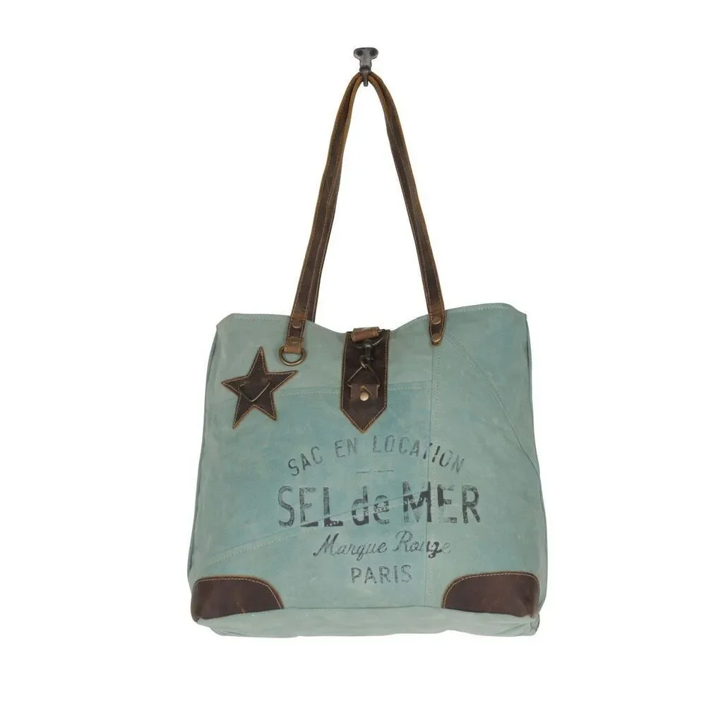 Myra Bag Handmade Astra Tote Bag Upcycled Canvas & Cowhide Leather